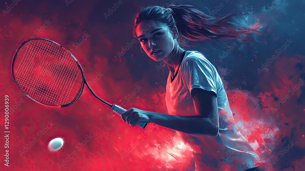 Poster badminton player with badminton racket and shuttlecock digital illustration