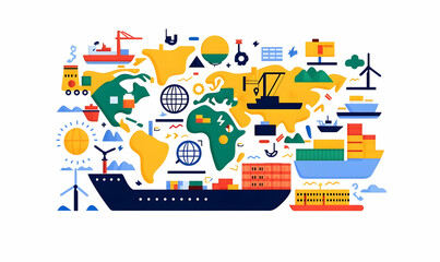 Global Trade Systems Visualization, a flat vector illustration depicting interconnected trade routes, economic exchanges, and international markets.