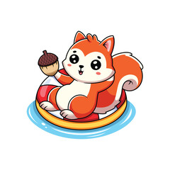 Squirrel relax on swimming tires with pine cone cartoon. It can be used for printing, textiles, web design. Vector illustration