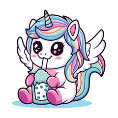 A cute unicorn drink ice with cute pose on a white background. It can be used for printing, textiles, web design. Vector illustration