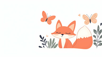 Obraz premium Whimsical Fox Butterfly Encounter, a charming scene showcasing a playful fox interacting with a delicate butterfly in a vibrant natural setting.