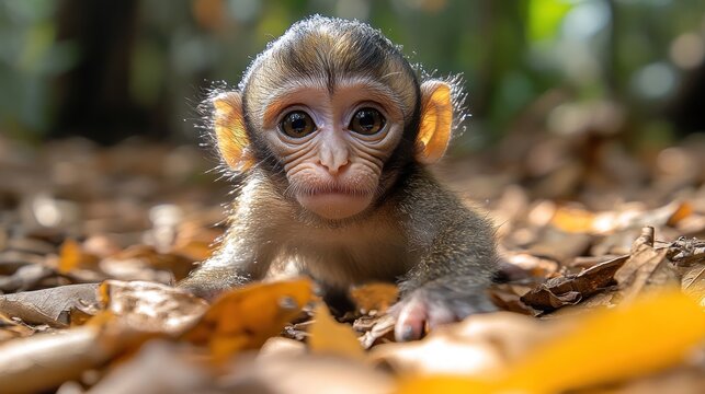 Baby monkey in forest leaf litter
