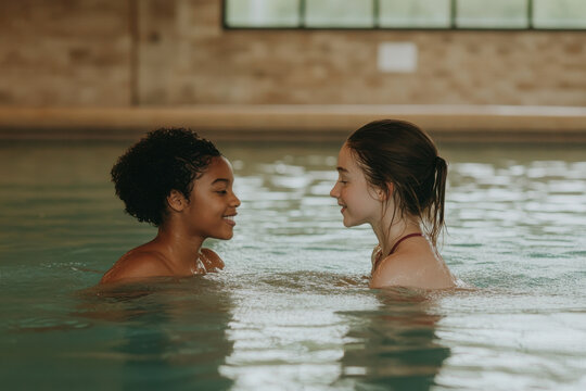 Two girls are in a pool, one of them is smiling