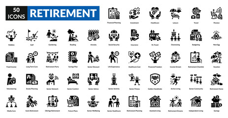 Retirement glyph icon collection set. Includes pension, savings, relax, senior, leisure, travel, freedom, finance, planning, investment, security, future, income, nest egg, health