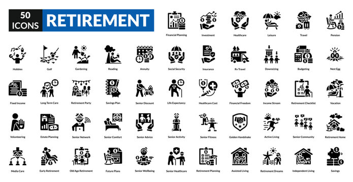 Retirement glyph icon collection set. Includes pension, savings, relax, senior, leisure, travel, freedom, finance, planning, investment, security, future, income, nest egg, health