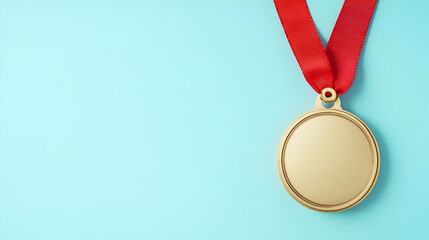 Golden Medal on Red Ribbon, Symbol of Achievement, Shining Emblem of Victory, Set Against a Pristine Background