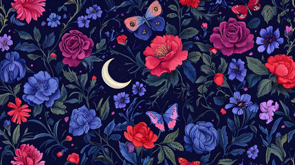 Gothic Garden with Butterflies and Moths, a vibrant tapestry of intricate floral patterns and delicate winged creatures in a mystical setting