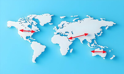 Artistic world map illustration, intricate hand-drawn details, contrasting white and red colors, showcasing global geography and creativity