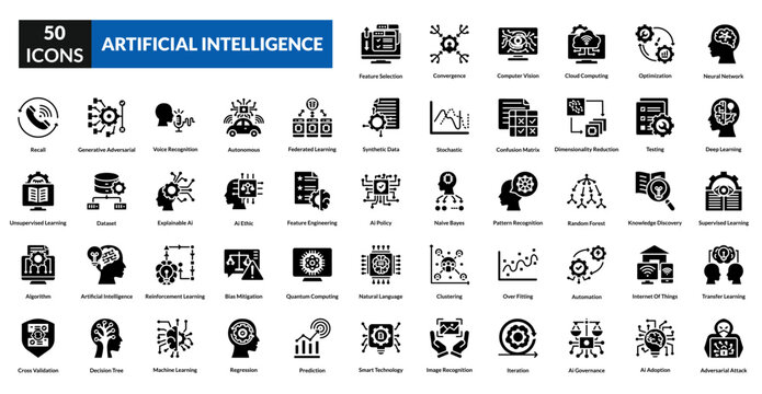 Artificial intelligence glyph icon collection set. Includes team, staff, worker, personnel, colleague, manager, intern, supervisor, leader, recruiter, professional, assistant, administrator