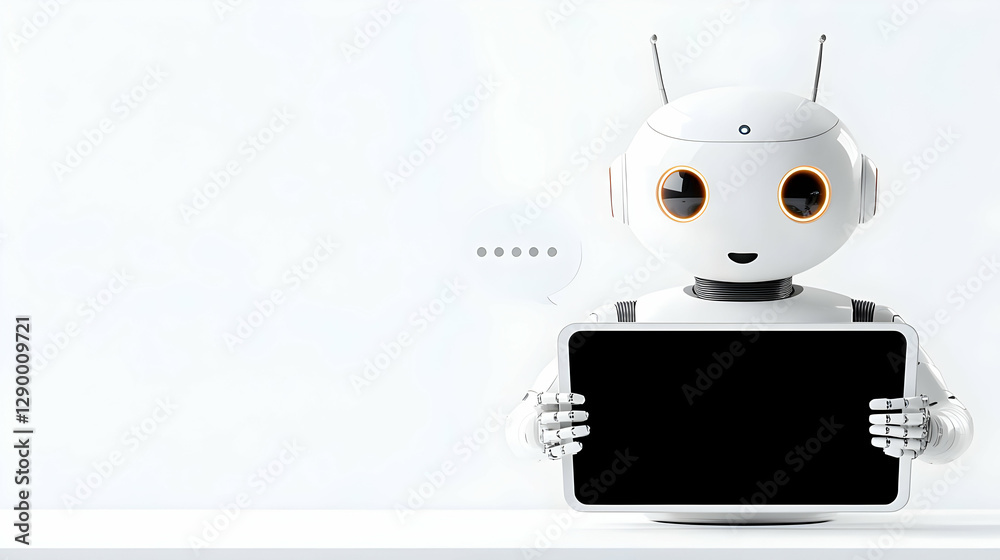 Poster hand holding tablet with chatbot interface, engaging in conversation, speech bubbles displaying inte