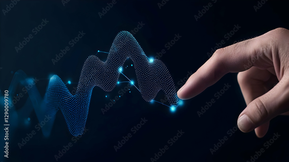 Poster hand gesturing towards a digital graph displaying fluctuating data trends, symbolizing analysis and 