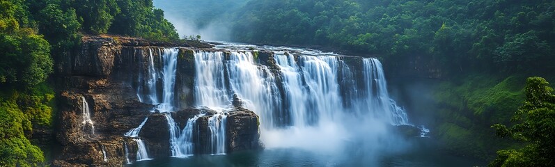 Obraz premium Majestic waterfall cascading through lush green landscape under a misty atmosphere.