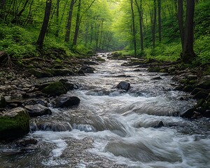 Obraz premium Stream flows through lush green forest