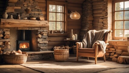 A rustic living room featuring a large stone fireplace with a wooden mantel