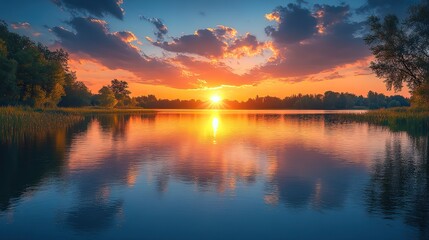 beautiful sunset over the lake panorama