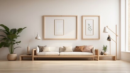 Three blank white frames with light wooden borders leaning against a white wall on a wooden parquet floor.
