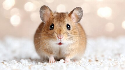 Cute house mouse on snowy background, bokeh lights