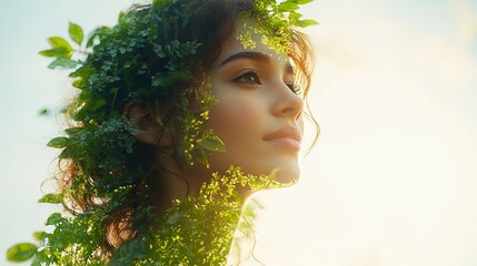 beautiful young woman with green leafs and christian cross in her hair double exposure vintage poster style photography