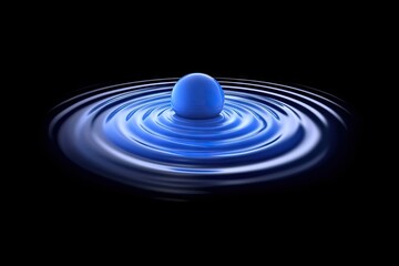 Blue sphere floating on water, ripple effect, dark background, serenity concept