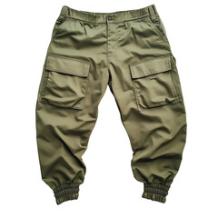 A Khaki Green Cargo Pant with Large Pockets and Cuff Isolated on Transparent Background