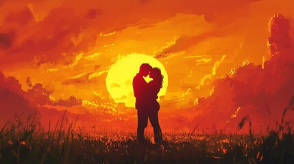 Obraz premium Romantic Silhouette of Couple Embracing Against Vibrant Sunset Over Fields of Grass