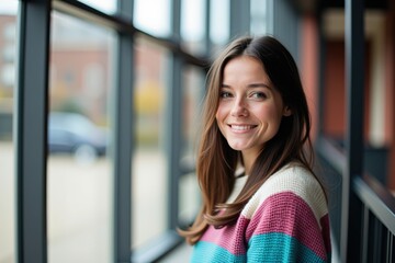 Fototapeta premium Young Caucasian Woman Smiling in a Colorful Sweater Standing by Large Windows in a Modern Space with Soft Natural Light