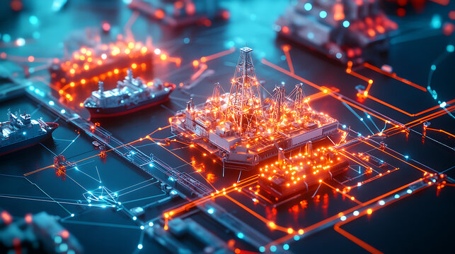 Oil rig operations and technology offshore platform digital visualization futuristic environment aerial perspective