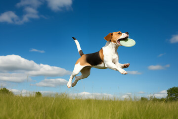Mid-Air Action Shot of a Beagle Playing with a Frisbee