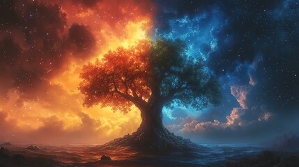 bible old testament creation genesis the tree of life and the the tree of knowledge of good and evil under dramatic sky digital illustration