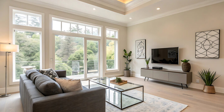 Modern interior of open space with design modular sofa, furniture, wooden coffee tables, plaid, pillows, tropical plants and elegant personal accessories in stylish home decor. Neutral living room.