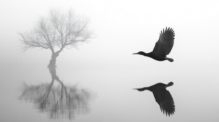 Obraz premium bird in flight over still water with a lone tree branch extending into the frame black and white photo