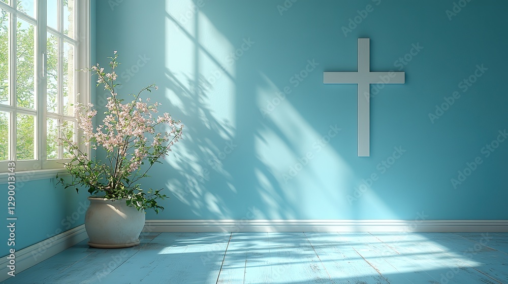 Aufkleber blue empty room with window and sunlight shadow of christian cross on the wall 3d rendering
