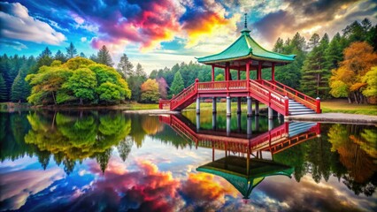 Obraz premium Lakeside Pavilion: Dual architectural perspectives captured in vibrant art film color.