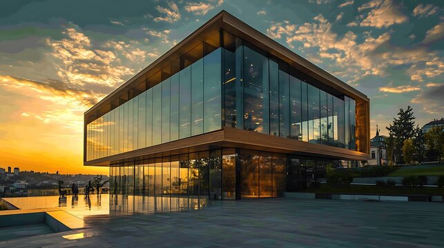 Modern Glass Building at Sunset Reflecting Colorful Sky and Cityscape