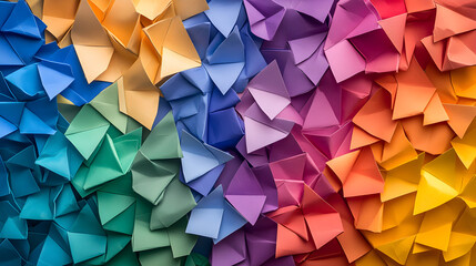 view of textured origami paper in various bright colors, forming an intricate pattern 
