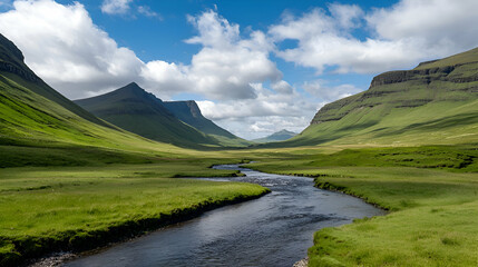 Fototapeta na wymiar Serene Valley Landscape with Winding River
