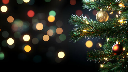 Closeup of Decorated Christmas Tree with Warm Lights and Bokeh