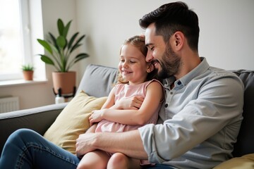 A Loving Moment: A White Father Embraces His Young Daughter with Joy in Their Cozy Living Room, Capturing Cherished Family Time Together