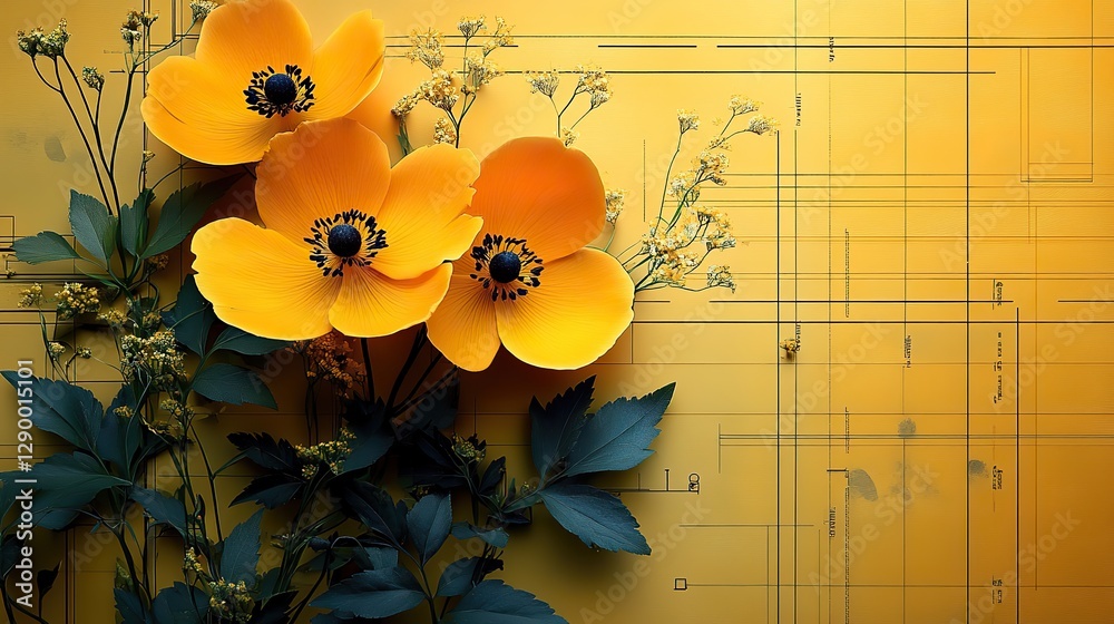 Poster buttercup flower design on a yellow background with architectural blueprint elements symbolizing growth and innovation in technology engineering or architecture