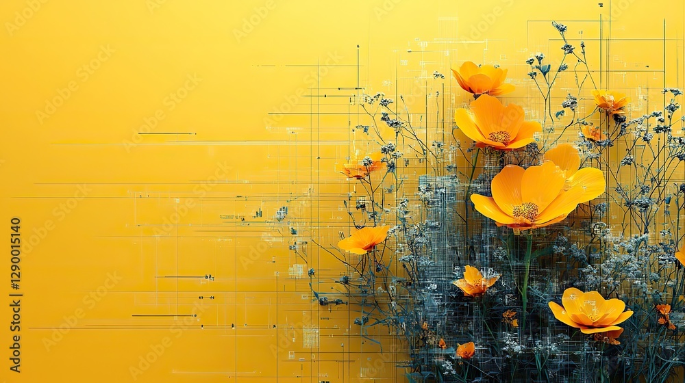 Poster buttercup flower design on a yellow background with architectural blueprint elements symbolizing growth and innovation in technology engineering or architecture