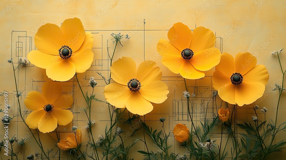 Poster buttercup flower design on a yellow background with architectural blueprint elements symbolizing growth and innovation in technology engineering or architecture