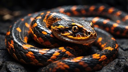 Fototapeta premium Close-up image of a snake with a dark, textured body featuring glowing orange patterns resembling lava.