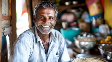 Smiling vendor exudes warmth and friendliness in a cozy kitchen setting.
