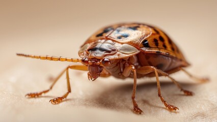 A close-up shot of a bed bug magnified through a handheld magnifying glass placed on a white