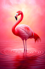 Fototapeta premium Pink flamingo stands in a body of water. The flamingo is the main focus of the image, and the pink color of the bird contrasts with the water. Concept of tranquility and beauty