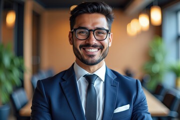 Fototapeta premium Confident Young Hispanic Man in Business Suit Smiling in Modern Office Environment with Natural Lighting and Greenery