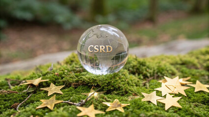picture of a glass globe with "CSRD" etched on it, representing the EU's Corporate Sustainability Reporting Directive, presting on a bed of moss surrounded by small gold stars,tree, blue, europa, spac