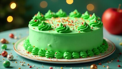 Delicious green cake covered in icing, sprinkles, and decorations on festive table, sweet, festive, party