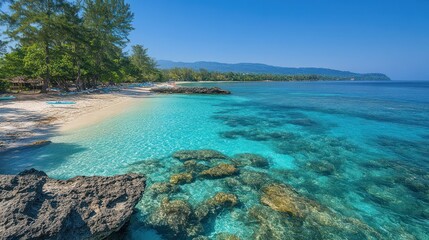 Idyllic tropical beach with crystal-clear turquoise water, white sand, and lush greenery.