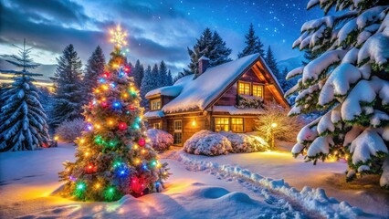 Long exposure captures a snowy house, festively decorated for Christmas and New Year, under a winter sky.